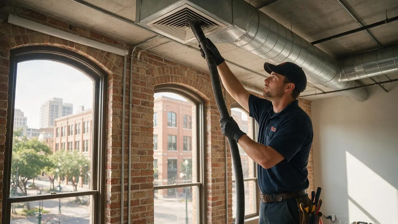 A professional installing air duct cleaning in Downtown, TX