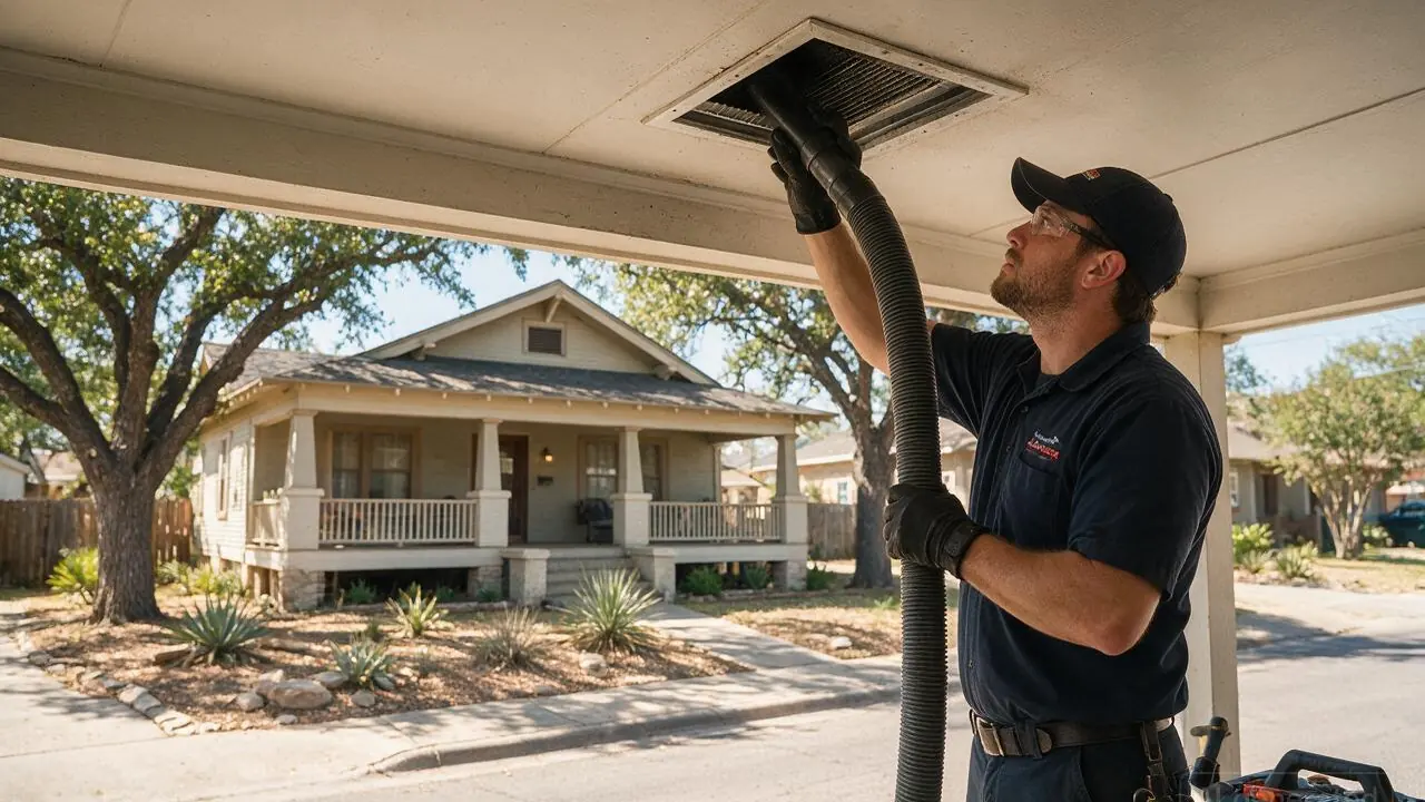 A professional installing air duct cleaning in Southtown, TX