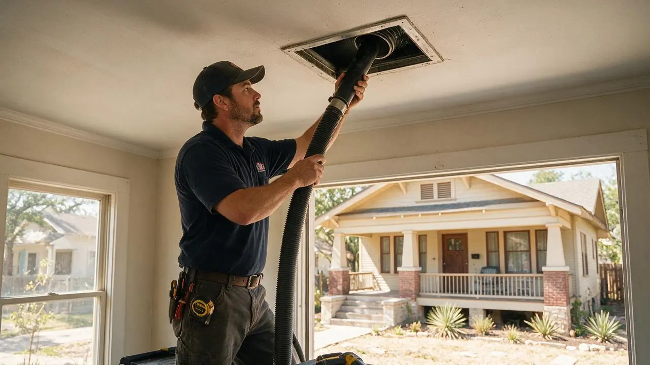 A professional installing air duct cleaning in Tobin Hill, TX