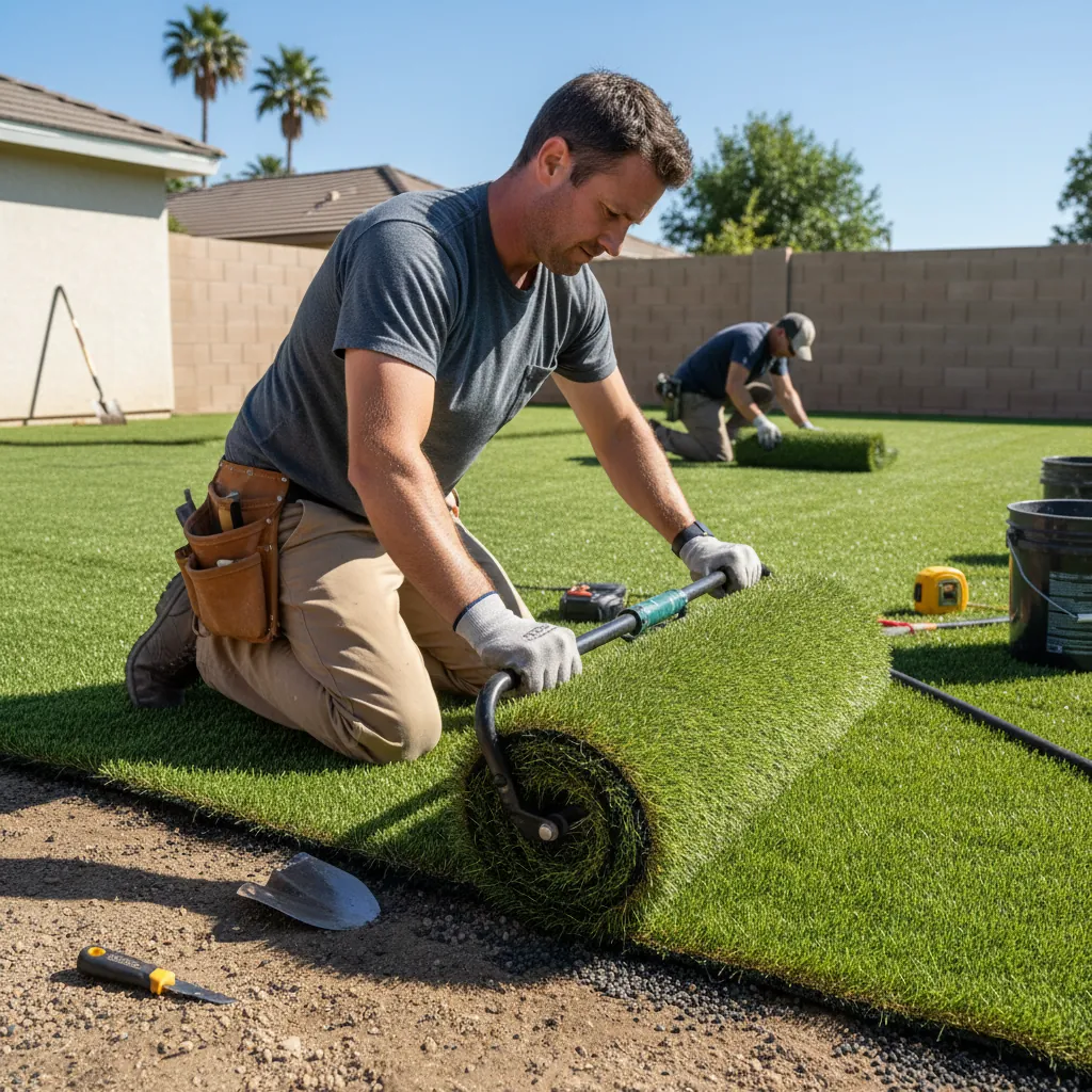 A professional installing artificial turf in Pasadena, CA