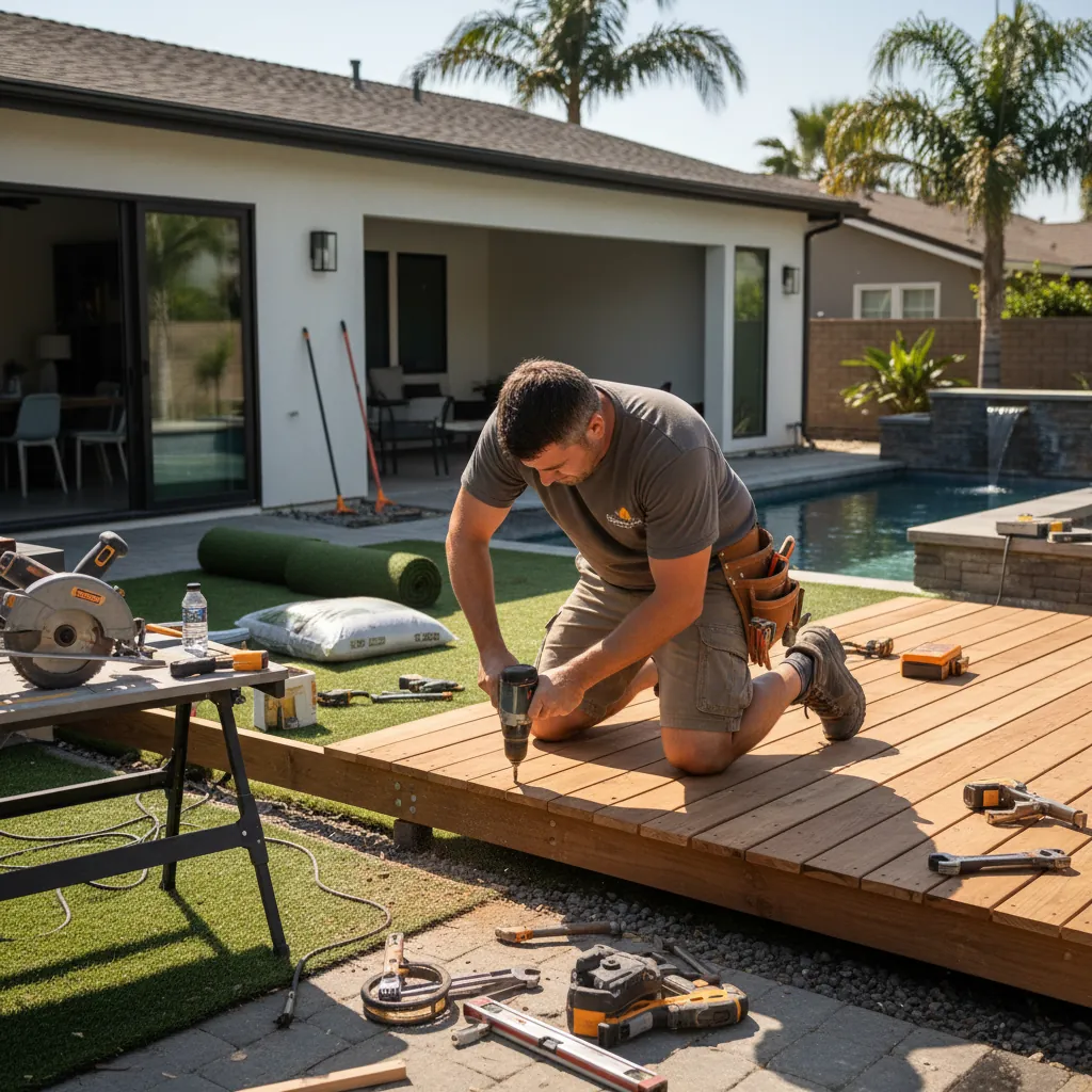 A professional installing backyard remodel in Pasadena, CA