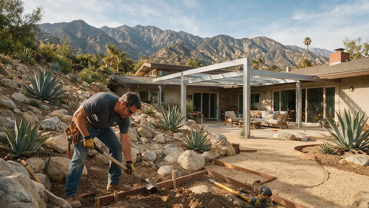 A professional installing backyard remodel in Sylmar, CA
