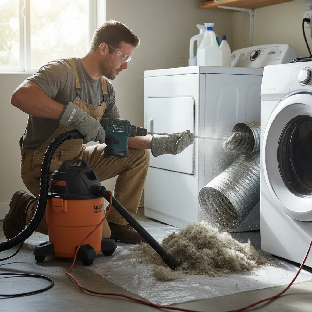 A professional installing dryer vent cleaning in Pasadena, CA
