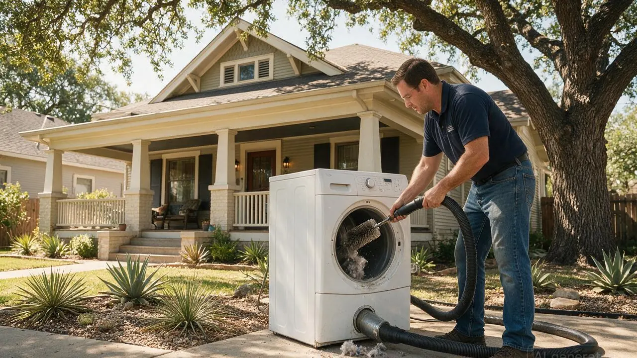A professional installing dryer vent cleaning in Southtown, TX