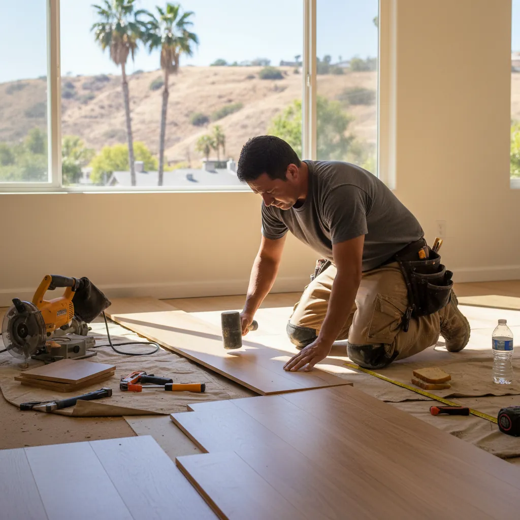 A professional installing flooring in Burbank, CA