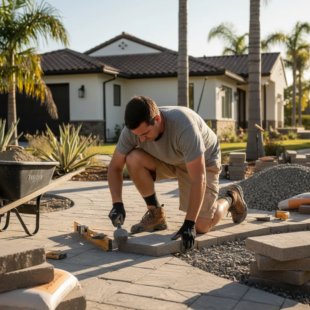 A professional installing hardscape in Pasadena, CA