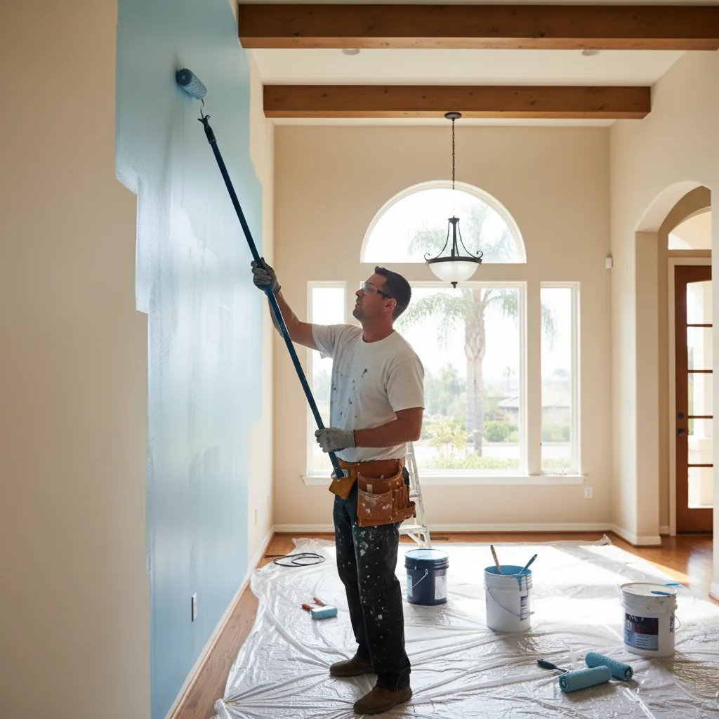 A professional installing interior painting in Pasadena, CA