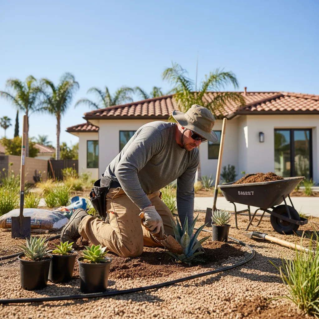 A professional installing landscaping in Pasadena, CA