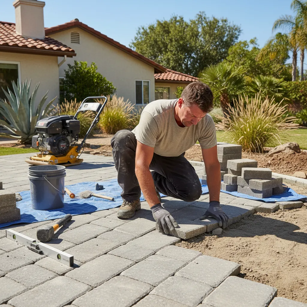 A professional installing pavers in Pasadena, CA